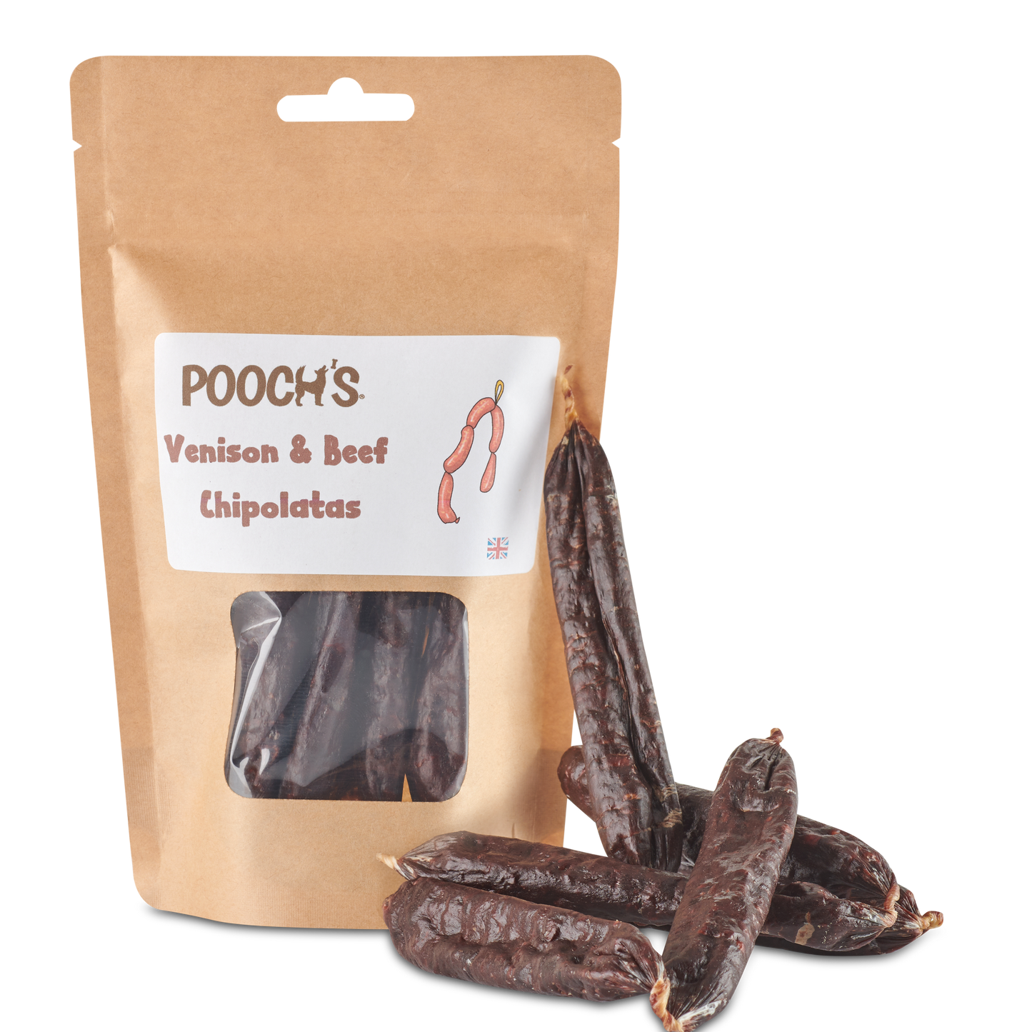 Pouch of Pooch's Venison & Beef Chipolatas with dried chiles on a white background