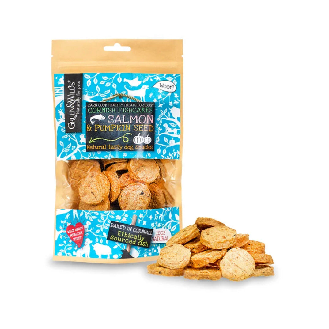Packaging of Green & Wild's Cornish Fishcakes with Pumpkin for dogs, displaying the product and its name.