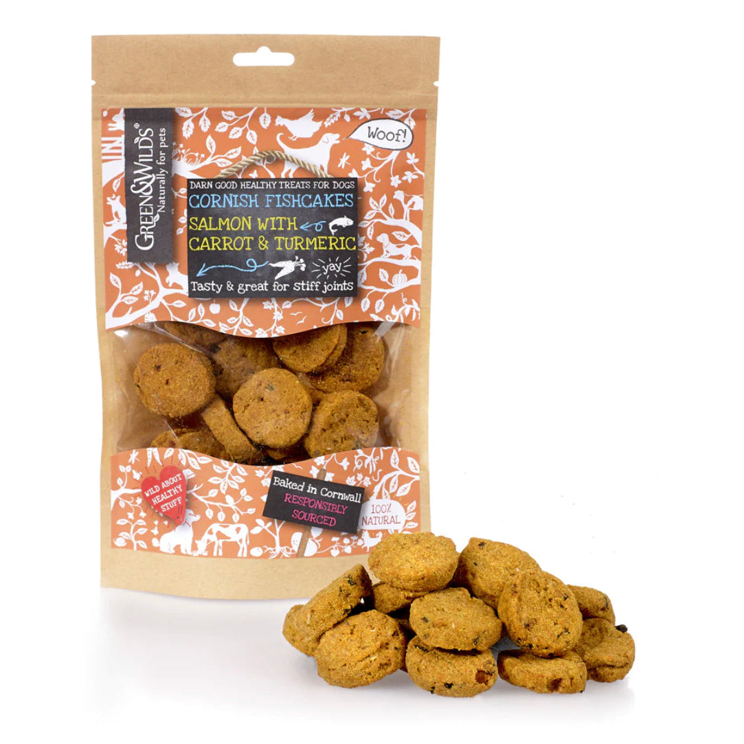 Packaging of Green & Wild's Cornish Fishcakes with Turmeric. The package is open, showing fishcake snacks made with salmon, carrot, and turmeric.