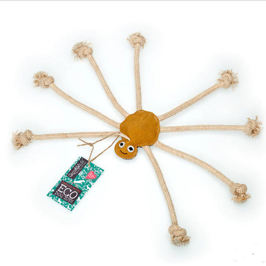 A suede dog toy shaped like a spider with jute rope legs and a label that reads 'Green & Wild's Eco-toy'.