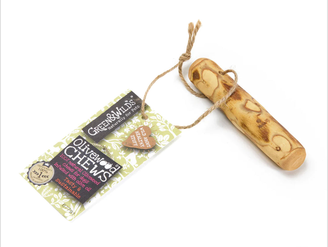 Green & Wild's olivewood chew puppy with tag