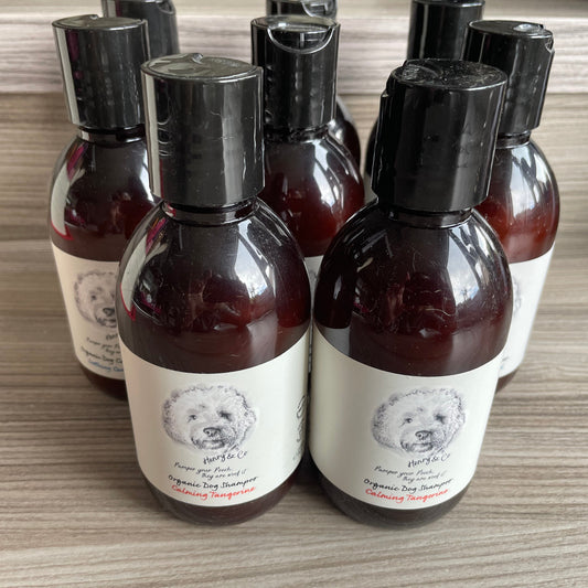 Bottles of Henry & Co Organic Calming Tangerine Shampoo for dogs displayed on a surface.