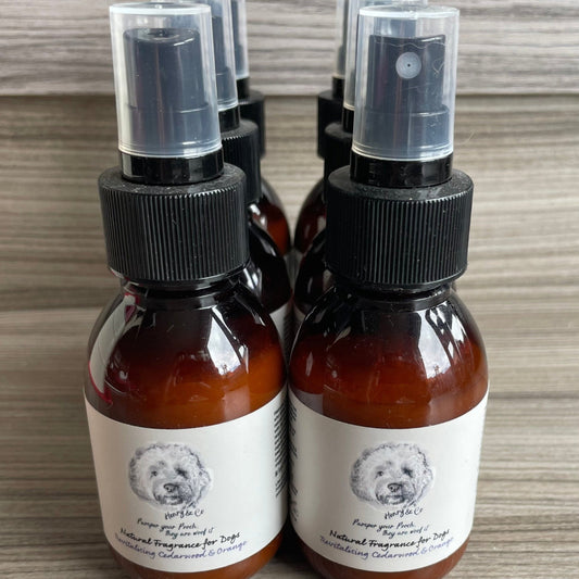 Two brown glass spray bottles with white labels featuring text and an image of a dog. The labels read 'Henry & Co Organic Cedarwood & Orange Fragrance for Dogs'.