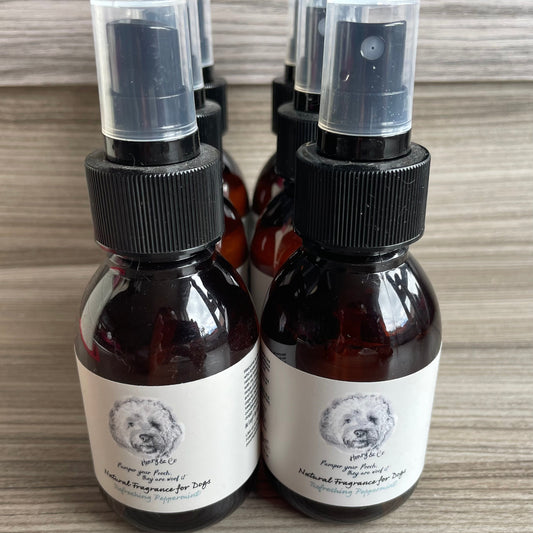 Bottle of Refreshing Peppermint Natural Fragrance for Dogs by Henry & Co. The bottle is made of dark amber glass with a black spray nozzle, and a white label featuring the brand logo and product name.