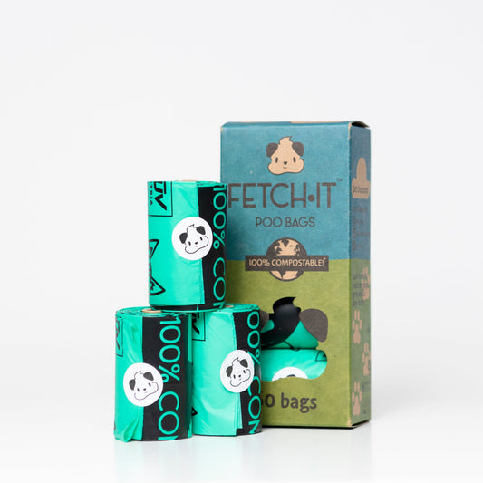 A box of FETCH.IT compostable poo bags with packaging that features a panda and text details, alongside loose poo bags visible through the box window.