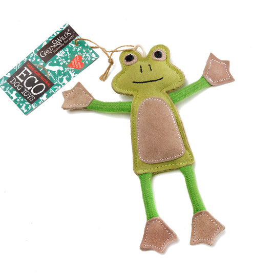 A plush green frog toy with brown suede details, such as legs and belly, with a label indicating it is an eco-toy made from jute and suede.